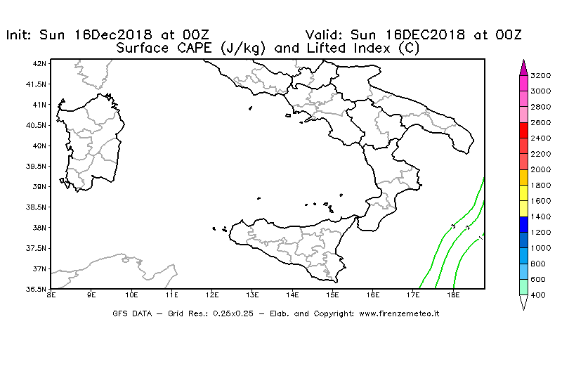 Mappa di analisi GFS - CAPE [J/kg] e Lifted Index [°C] in Sud-Italia
							del 16/12/2018 00 <!--googleoff: index-->UTC<!--googleon: index-->