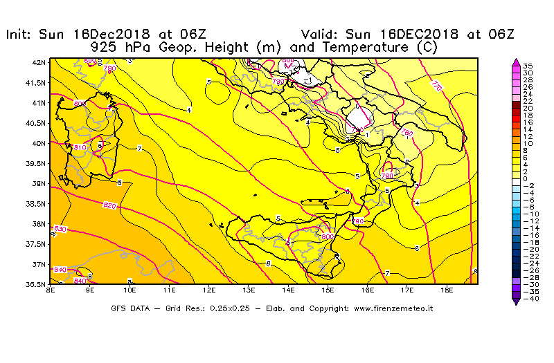 Mappa di analisi GFS - Geopotenziale [m] e Temperatura [°C] a 925 hPa in Sud-Italia
							del 16/12/2018 06 <!--googleoff: index-->UTC<!--googleon: index-->
