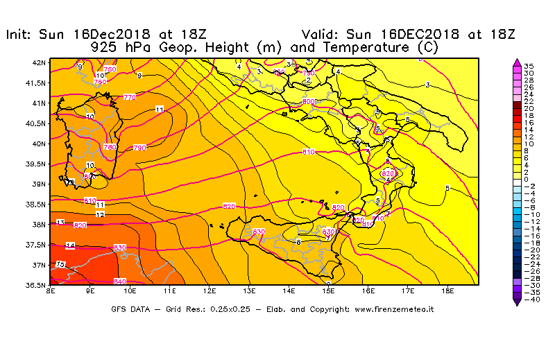 Mappa di analisi GFS - Geopotenziale [m] e Temperatura [°C] a 925 hPa in Sud-Italia
							del 16/12/2018 18 <!--googleoff: index-->UTC<!--googleon: index-->
