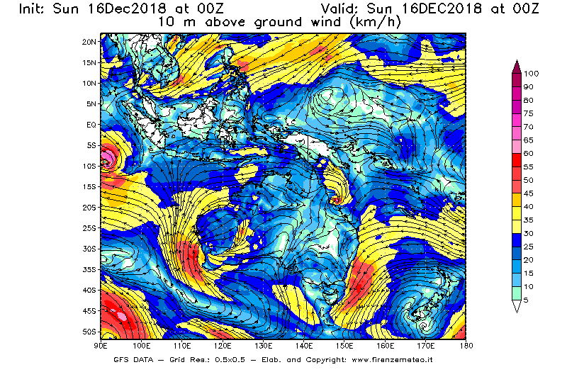 Mappa di analisi GFS - Velocità del vento a 10 metri dal suolo [km/h] in Oceania
							del 16/12/2018 00 <!--googleoff: index-->UTC<!--googleon: index-->