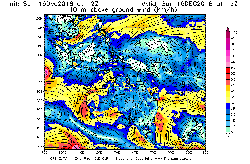 Mappa di analisi GFS - Velocità del vento a 10 metri dal suolo [km/h] in Oceania
							del 16/12/2018 12 <!--googleoff: index-->UTC<!--googleon: index-->