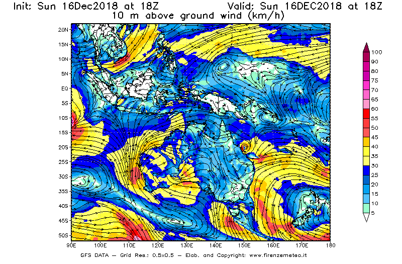 Mappa di analisi GFS - Velocità del vento a 10 metri dal suolo [km/h] in Oceania
							del 16/12/2018 18 <!--googleoff: index-->UTC<!--googleon: index-->