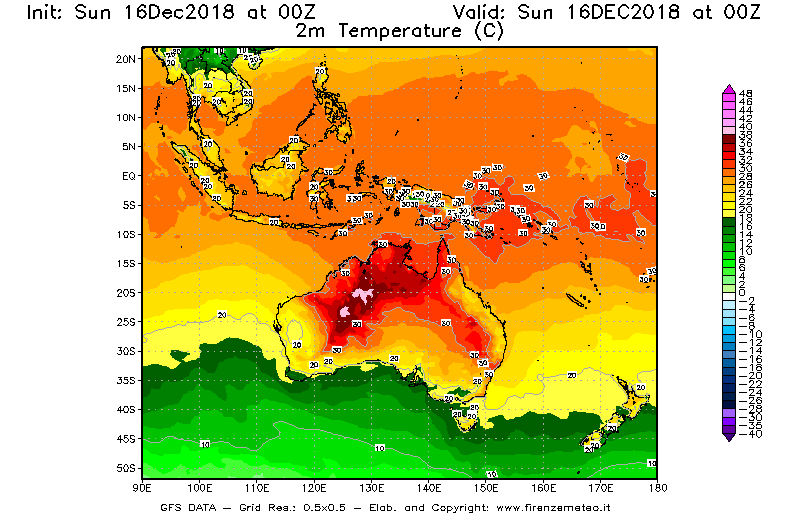 Mappa di analisi GFS - Temperatura a 2 metri dal suolo [°C] in Oceania
							del 16/12/2018 00 <!--googleoff: index-->UTC<!--googleon: index-->