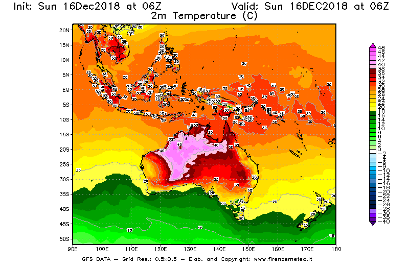 Mappa di analisi GFS - Temperatura a 2 metri dal suolo [°C] in Oceania
							del 16/12/2018 06 <!--googleoff: index-->UTC<!--googleon: index-->