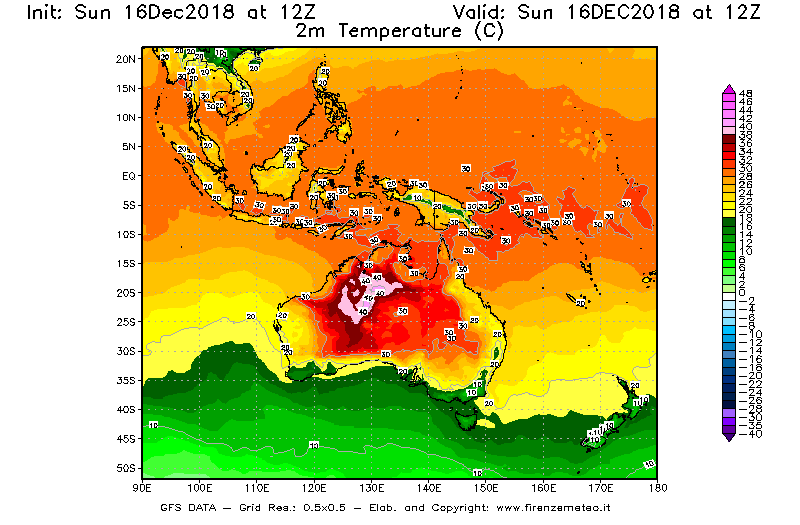 Mappa di analisi GFS - Temperatura a 2 metri dal suolo [°C] in Oceania
							del 16/12/2018 12 <!--googleoff: index-->UTC<!--googleon: index-->