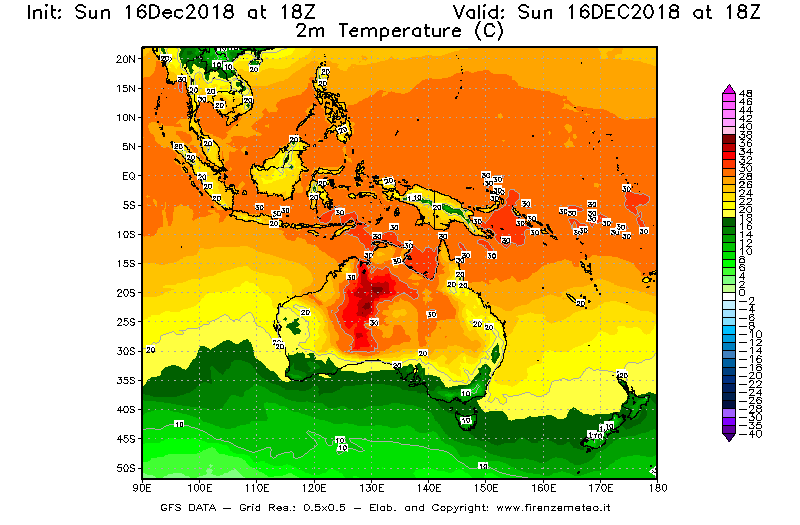 Mappa di analisi GFS - Temperatura a 2 metri dal suolo [°C] in Oceania
							del 16/12/2018 18 <!--googleoff: index-->UTC<!--googleon: index-->