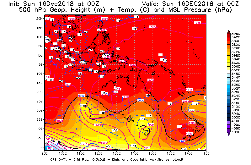 Mappa di analisi GFS - Geopotenziale [m] + Temp. [°C] a 500 hPa + Press. a livello del mare [hPa] in Oceania
							del 16/12/2018 00 <!--googleoff: index-->UTC<!--googleon: index-->