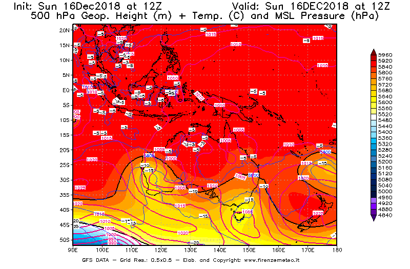 Mappa di analisi GFS - Geopotenziale [m] + Temp. [°C] a 500 hPa + Press. a livello del mare [hPa] in Oceania
							del 16/12/2018 12 <!--googleoff: index-->UTC<!--googleon: index-->