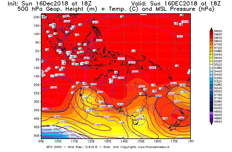 Mappa di analisi GFS - Geopotenziale [m] + Temp. [°C] a 500 hPa + Press. a livello del mare [hPa] in Oceania
							del 16/12/2018 18 <!--googleoff: index-->UTC<!--googleon: index-->