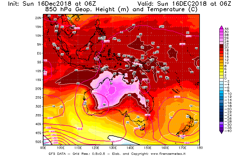 Mappa di analisi GFS - Geopotenziale [m] e Temperatura [°C] a 850 hPa in Oceania
							del 16/12/2018 06 <!--googleoff: index-->UTC<!--googleon: index-->