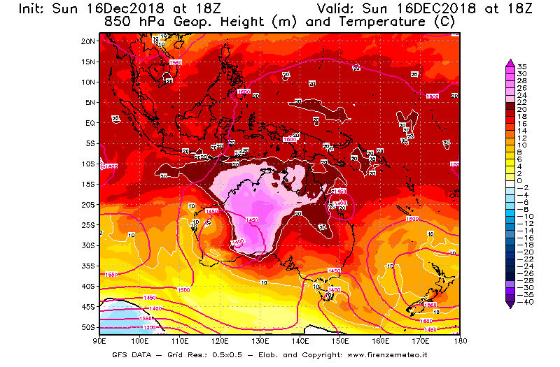 Mappa di analisi GFS - Geopotenziale [m] e Temperatura [°C] a 850 hPa in Oceania
							del 16/12/2018 18 <!--googleoff: index-->UTC<!--googleon: index-->