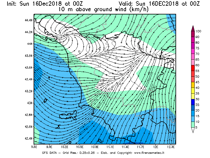 Mappa di analisi GFS - Velocità del vento a 10 metri dal suolo [km/h] in Toscana
							del 16/12/2018 00 <!--googleoff: index-->UTC<!--googleon: index-->