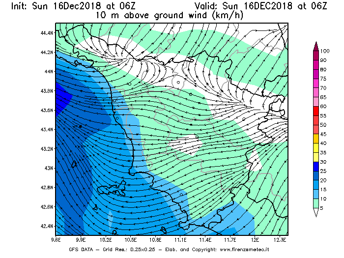 Mappa di analisi GFS - Velocità del vento a 10 metri dal suolo [km/h] in Toscana
							del 16/12/2018 06 <!--googleoff: index-->UTC<!--googleon: index-->