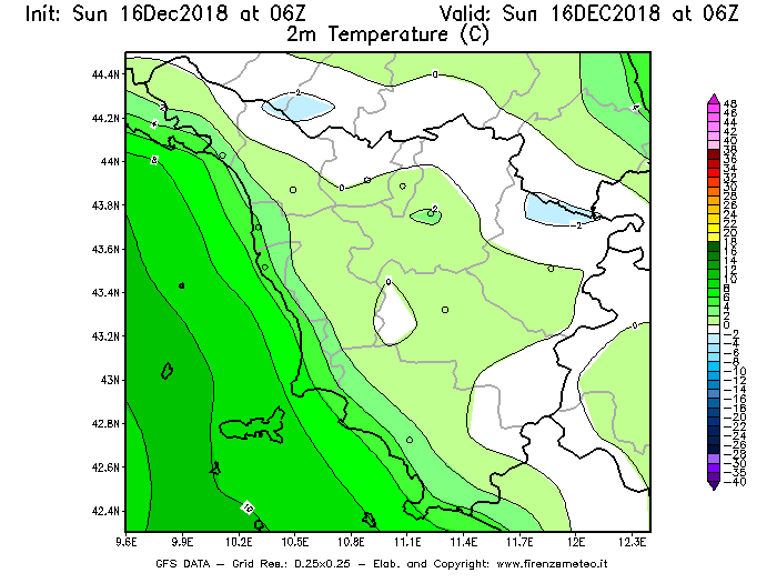 Mappa di analisi GFS - Temperatura a 2 metri dal suolo [°C] in Toscana
							del 16/12/2018 06 <!--googleoff: index-->UTC<!--googleon: index-->