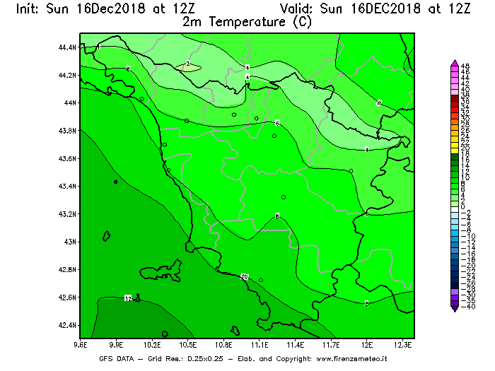 Mappa di analisi GFS - Temperatura a 2 metri dal suolo [°C] in Toscana
							del 16/12/2018 12 <!--googleoff: index-->UTC<!--googleon: index-->