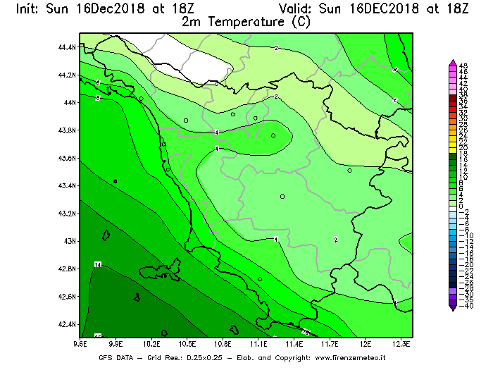 Mappa di analisi GFS - Temperatura a 2 metri dal suolo [°C] in Toscana
							del 16/12/2018 18 <!--googleoff: index-->UTC<!--googleon: index-->