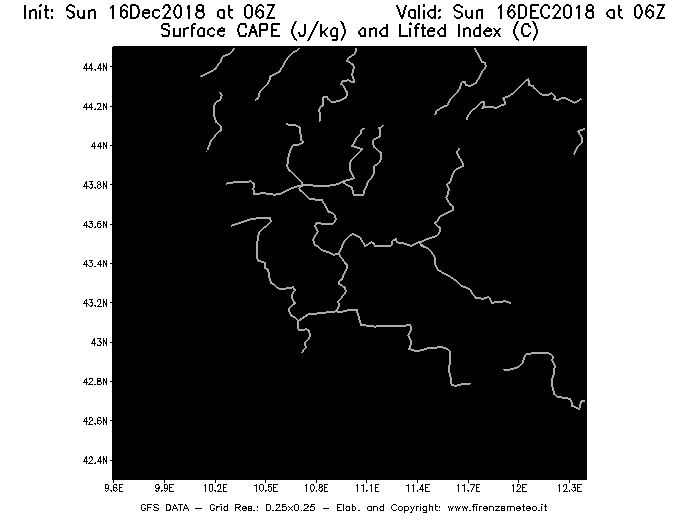 Mappa di analisi GFS - CAPE [J/kg] e Lifted Index [°C] in Toscana
							del 16/12/2018 06 <!--googleoff: index-->UTC<!--googleon: index-->