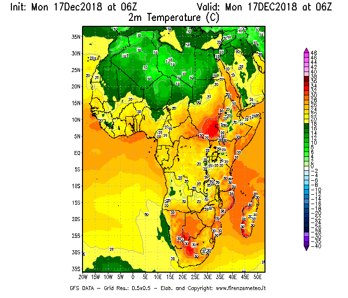 Mappa di analisi GFS - Temperatura a 2 metri dal suolo [°C] in Africa
							del 17/12/2018 06 <!--googleoff: index-->UTC<!--googleon: index-->