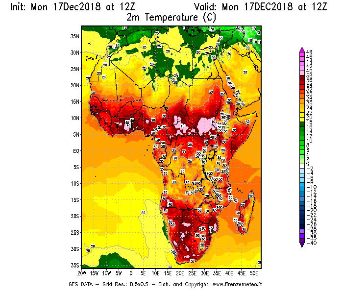 Mappa di analisi GFS - Temperatura a 2 metri dal suolo [°C] in Africa
							del 17/12/2018 12 <!--googleoff: index-->UTC<!--googleon: index-->