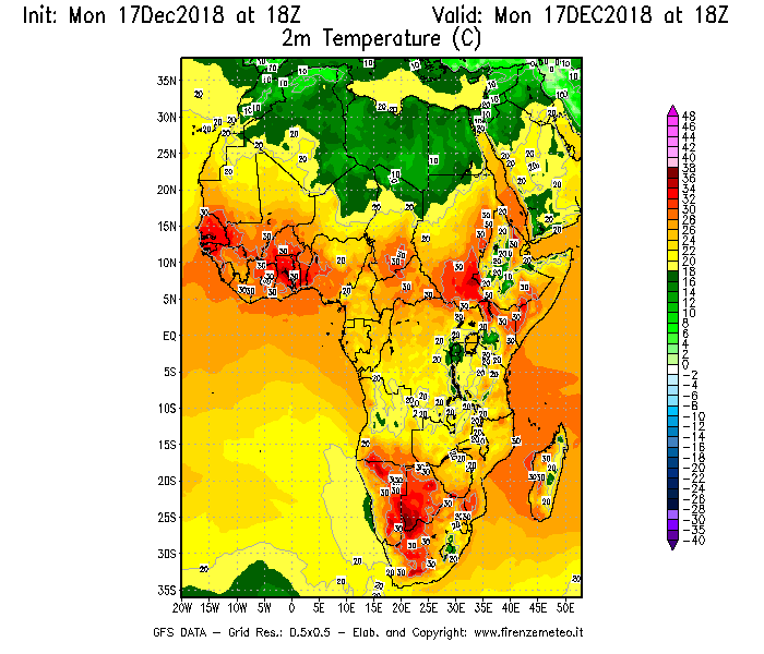 Mappa di analisi GFS - Temperatura a 2 metri dal suolo [°C] in Africa
							del 17/12/2018 18 <!--googleoff: index-->UTC<!--googleon: index-->