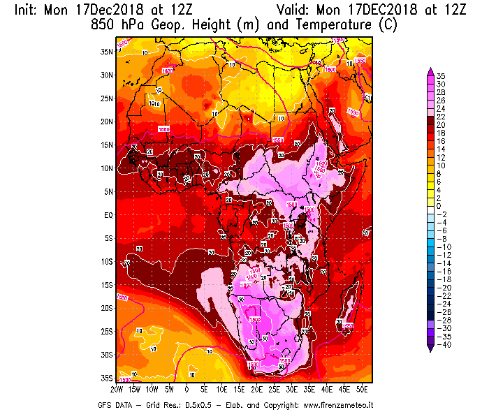 Mappa di analisi GFS - Geopotenziale [m] e Temperatura [°C] a 850 hPa in Africa
							del 17/12/2018 12 <!--googleoff: index-->UTC<!--googleon: index-->