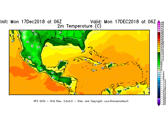 Mappa di analisi GFS - Temperatura a 2 metri dal suolo [°C] in Centro-America
							del 17/12/2018 06 <!--googleoff: index-->UTC<!--googleon: index-->
