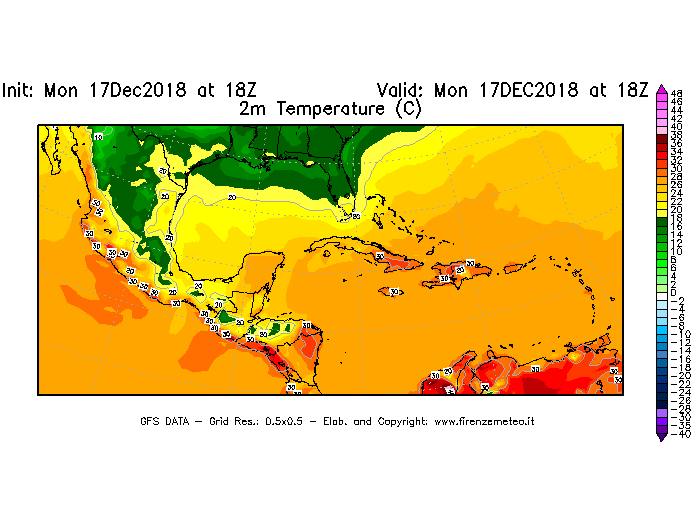 Mappa di analisi GFS - Temperatura a 2 metri dal suolo [°C] in Centro-America
							del 17/12/2018 18 <!--googleoff: index-->UTC<!--googleon: index-->