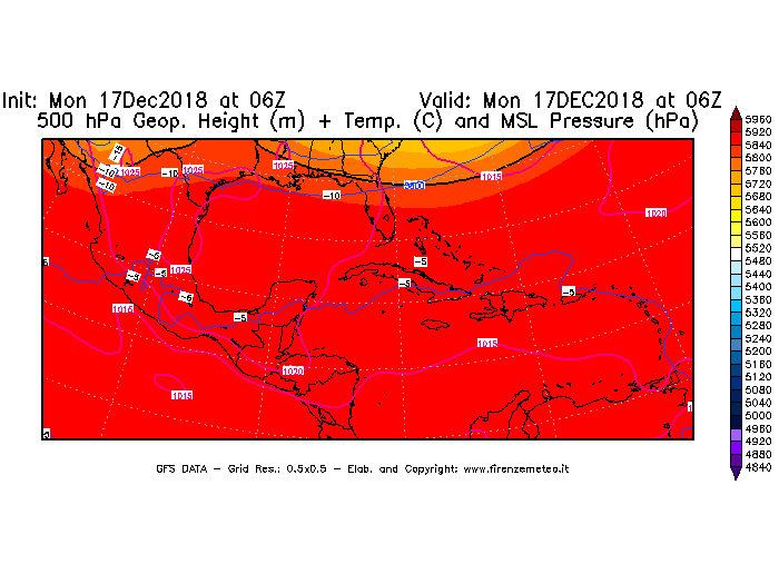 Mappa di analisi GFS - Geopotenziale [m] + Temp. [°C] a 500 hPa + Press. a livello del mare [hPa] in Centro-America
							del 17/12/2018 06 <!--googleoff: index-->UTC<!--googleon: index-->