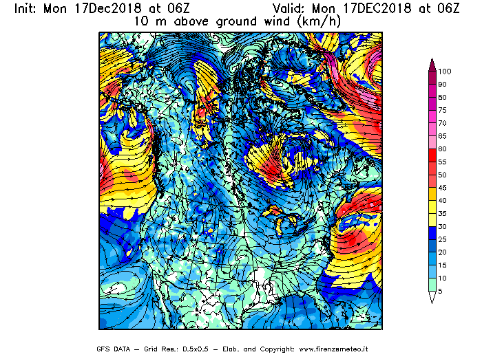 Mappa di analisi GFS - Velocità del vento a 10 metri dal suolo [km/h] in Nord-America
							del 17/12/2018 06 <!--googleoff: index-->UTC<!--googleon: index-->