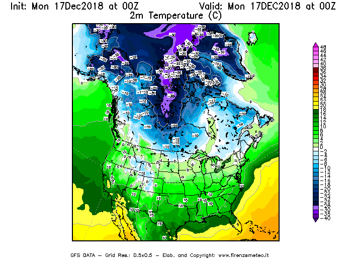 Mappa di analisi GFS - Temperatura a 2 metri dal suolo [°C] in Nord-America
							del 17/12/2018 00 <!--googleoff: index-->UTC<!--googleon: index-->