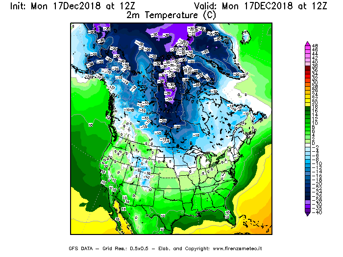 Mappa di analisi GFS - Temperatura a 2 metri dal suolo [°C] in Nord-America
							del 17/12/2018 12 <!--googleoff: index-->UTC<!--googleon: index-->