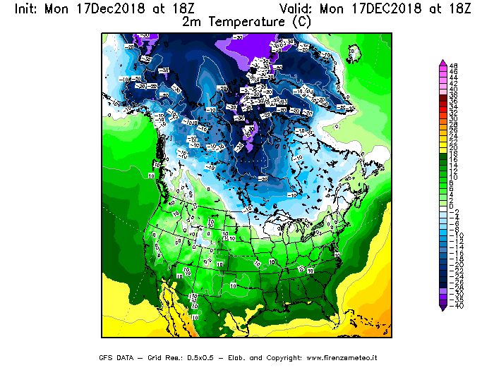 Mappa di analisi GFS - Temperatura a 2 metri dal suolo [°C] in Nord-America
							del 17/12/2018 18 <!--googleoff: index-->UTC<!--googleon: index-->