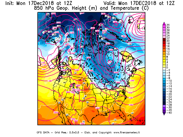 Mappa di analisi GFS - Geopotenziale [m] e Temperatura [°C] a 850 hPa in Nord-America
							del 17/12/2018 12 <!--googleoff: index-->UTC<!--googleon: index-->