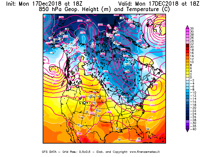 Mappa di analisi GFS - Geopotenziale [m] e Temperatura [°C] a 850 hPa in Nord-America
							del 17/12/2018 18 <!--googleoff: index-->UTC<!--googleon: index-->