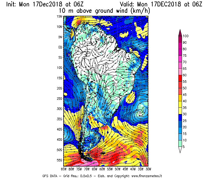 Mappa di analisi GFS - Velocità del vento a 10 metri dal suolo [km/h] in Sud-America
							del 17/12/2018 06 <!--googleoff: index-->UTC<!--googleon: index-->
