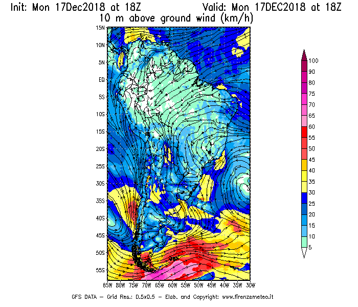 Mappa di analisi GFS - Velocità del vento a 10 metri dal suolo [km/h] in Sud-America
							del 17/12/2018 18 <!--googleoff: index-->UTC<!--googleon: index-->