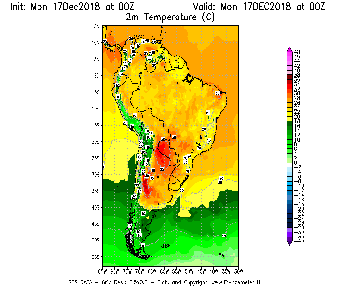 Mappa di analisi GFS - Temperatura a 2 metri dal suolo [°C] in Sud-America
							del 17/12/2018 00 <!--googleoff: index-->UTC<!--googleon: index-->