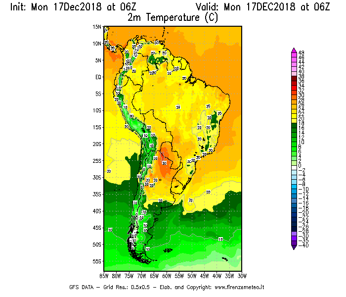 Mappa di analisi GFS - Temperatura a 2 metri dal suolo [°C] in Sud-America
							del 17/12/2018 06 <!--googleoff: index-->UTC<!--googleon: index-->