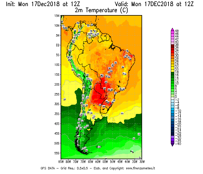 Mappa di analisi GFS - Temperatura a 2 metri dal suolo [°C] in Sud-America
							del 17/12/2018 12 <!--googleoff: index-->UTC<!--googleon: index-->