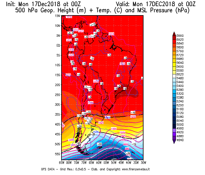 Mappa di analisi GFS - Geopotenziale [m] + Temp. [°C] a 500 hPa + Press. a livello del mare [hPa] in Sud-America
							del 17/12/2018 00 <!--googleoff: index-->UTC<!--googleon: index-->