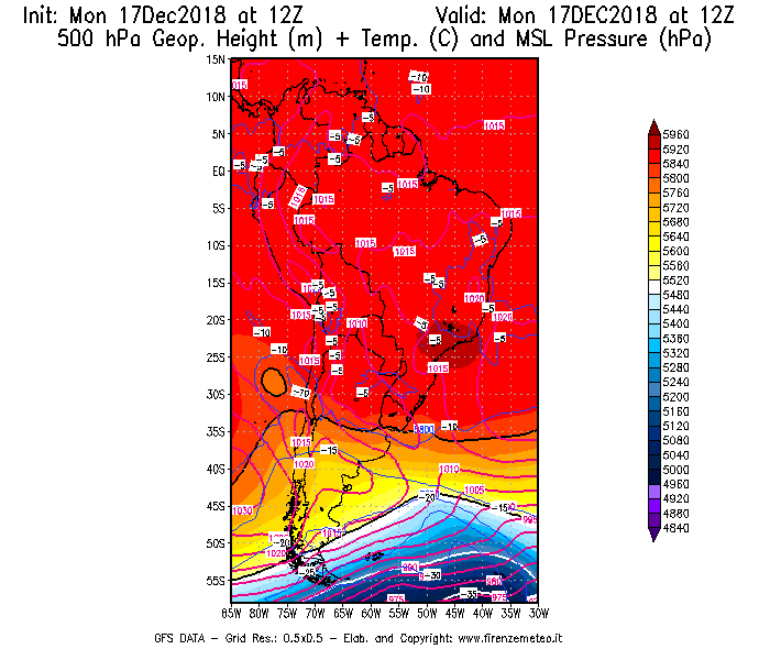 Mappa di analisi GFS - Geopotenziale [m] + Temp. [°C] a 500 hPa + Press. a livello del mare [hPa] in Sud-America
							del 17/12/2018 12 <!--googleoff: index-->UTC<!--googleon: index-->