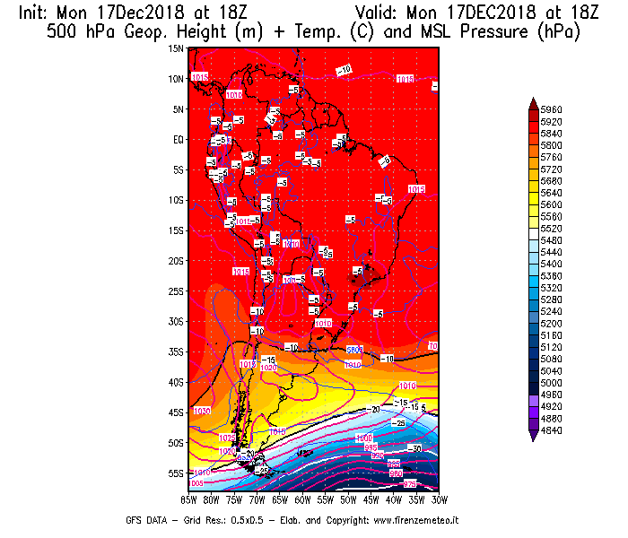 Mappa di analisi GFS - Geopotenziale [m] + Temp. [°C] a 500 hPa + Press. a livello del mare [hPa] in Sud-America
							del 17/12/2018 18 <!--googleoff: index-->UTC<!--googleon: index-->