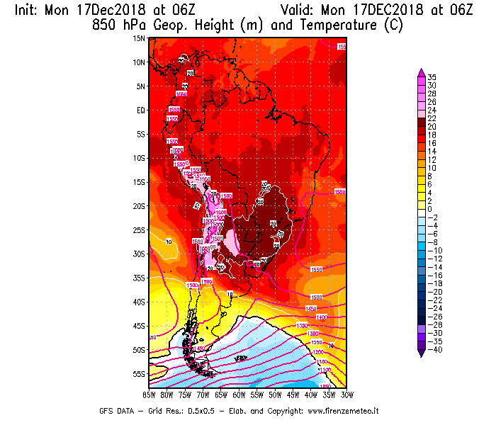 Mappa di analisi GFS - Geopotenziale [m] e Temperatura [°C] a 850 hPa in Sud-America
							del 17/12/2018 06 <!--googleoff: index-->UTC<!--googleon: index-->