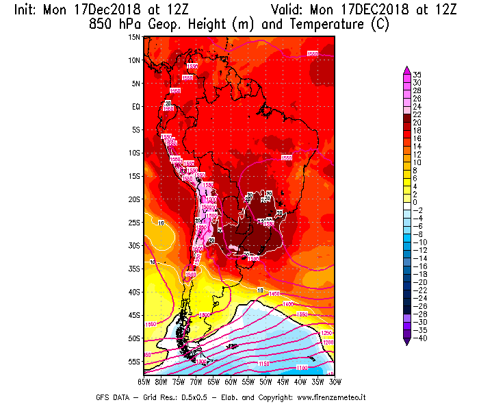 Mappa di analisi GFS - Geopotenziale [m] e Temperatura [°C] a 850 hPa in Sud-America
							del 17/12/2018 12 <!--googleoff: index-->UTC<!--googleon: index-->