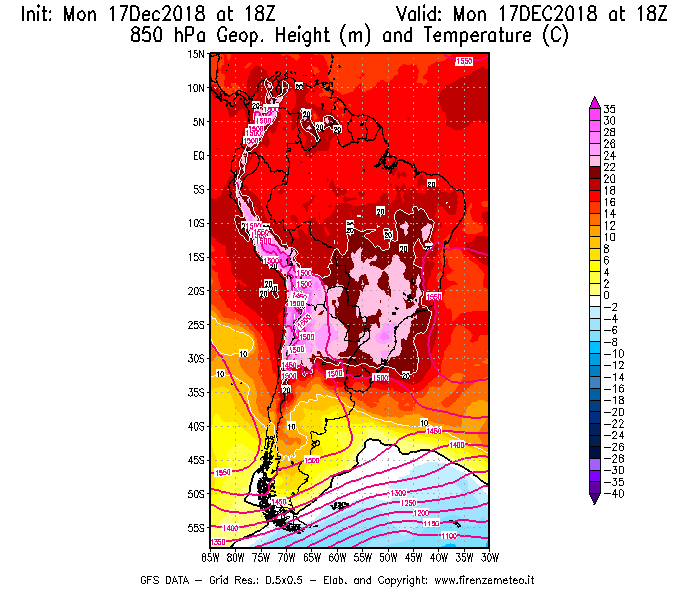Mappa di analisi GFS - Geopotenziale [m] e Temperatura [°C] a 850 hPa in Sud-America
							del 17/12/2018 18 <!--googleoff: index-->UTC<!--googleon: index-->
