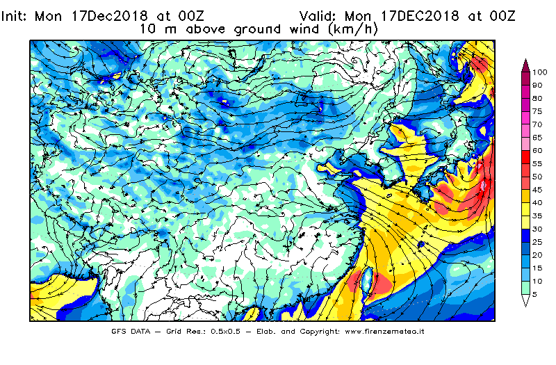 Mappa di analisi GFS - Velocità del vento a 10 metri dal suolo [km/h] in Asia Orientale
							del 17/12/2018 00 <!--googleoff: index-->UTC<!--googleon: index-->