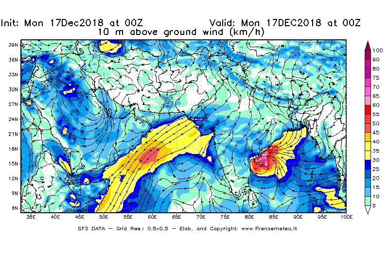 Mappa di analisi GFS - Velocità del vento a 10 metri dal suolo [km/h] in Asia Sud-Occidentale
							del 17/12/2018 00 <!--googleoff: index-->UTC<!--googleon: index-->