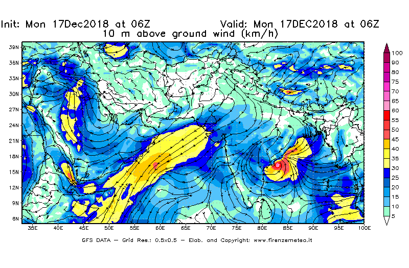 Mappa di analisi GFS - Velocità del vento a 10 metri dal suolo [km/h] in Asia Sud-Occidentale
							del 17/12/2018 06 <!--googleoff: index-->UTC<!--googleon: index-->