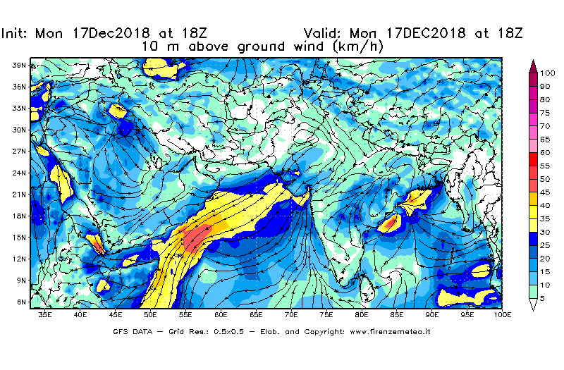 Mappa di analisi GFS - Velocità del vento a 10 metri dal suolo [km/h] in Asia Sud-Occidentale
							del 17/12/2018 18 <!--googleoff: index-->UTC<!--googleon: index-->