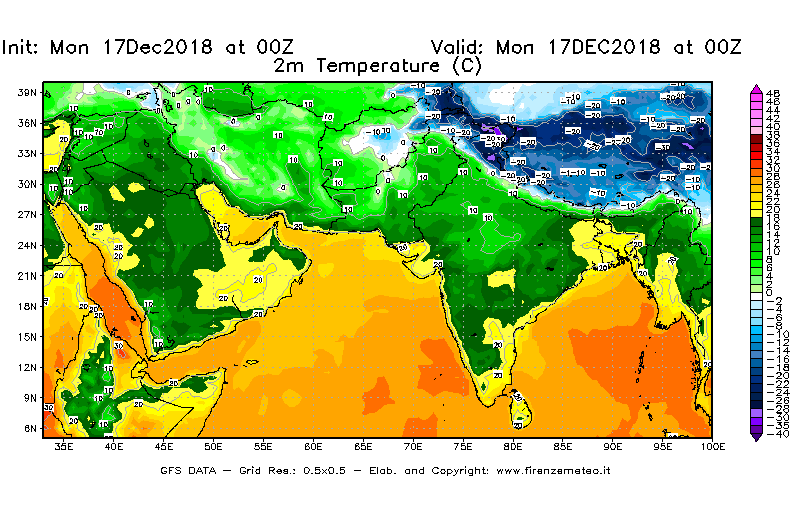 Mappa di analisi GFS - Temperatura a 2 metri dal suolo [°C] in Asia Sud-Occidentale
							del 17/12/2018 00 <!--googleoff: index-->UTC<!--googleon: index-->